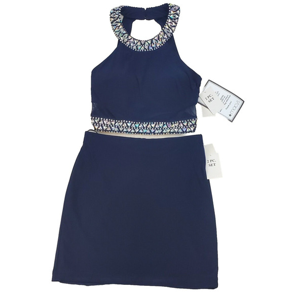 B. Darlin Dress Women's 7/8 2 PCS Blue Navy Diamond Collared New Dance Formal - Picture 1 of 14